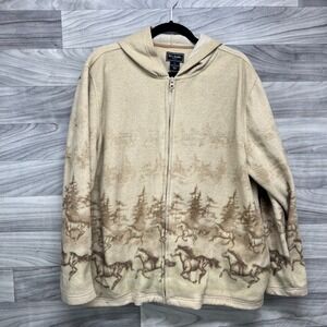 Vtg Bit & Bridle Hoodie Women's XL Beige Fleece Horse Print Long Sleeve Full Zip